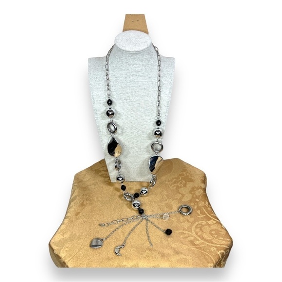 SILVER BEADED CHARM STATEMENT NECKLACE BOHO  BOHEMIAN - Picture 1 of 9